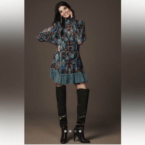 🎊LAST ONE🎊Anthropologie NWT Farm Rio Arabesque Floral  High-Neck Mini Dress S. - Picture 5 of 13